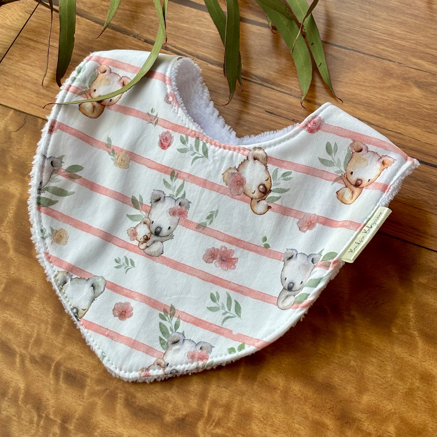 Baby Bib and Burp Cloth Set | Pink Koala Stripe | Made to Order
