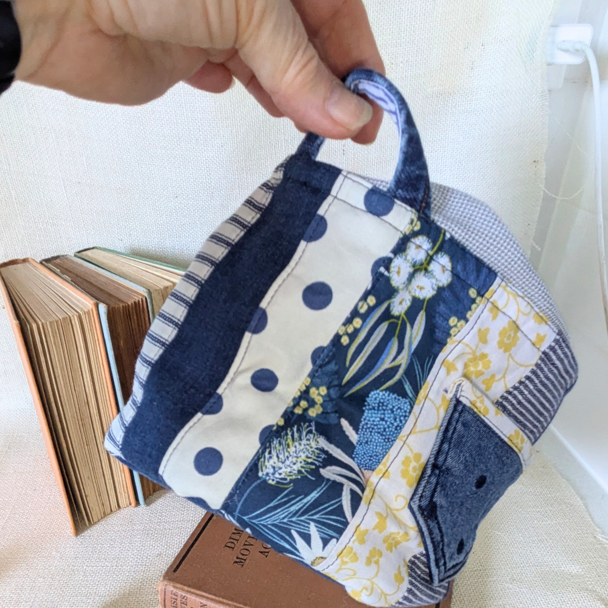 Project Bag Upcycled Denim, Craft Storage, Navy & Yellow Small