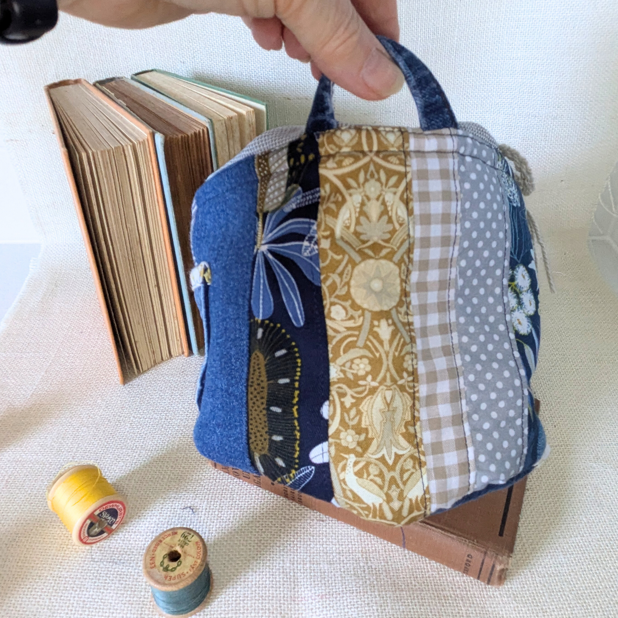 Project Bag Upcycled Denim, Craft Storage, Navy & Yellow Small