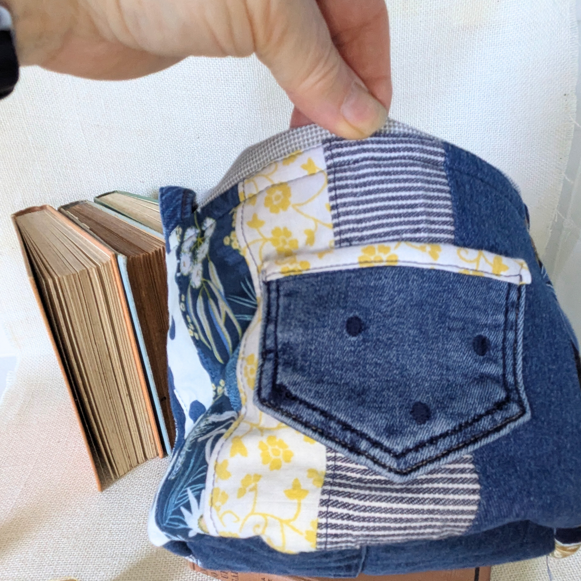 Project Bag Upcycled Denim, Craft Storage, Navy & Yellow Small
