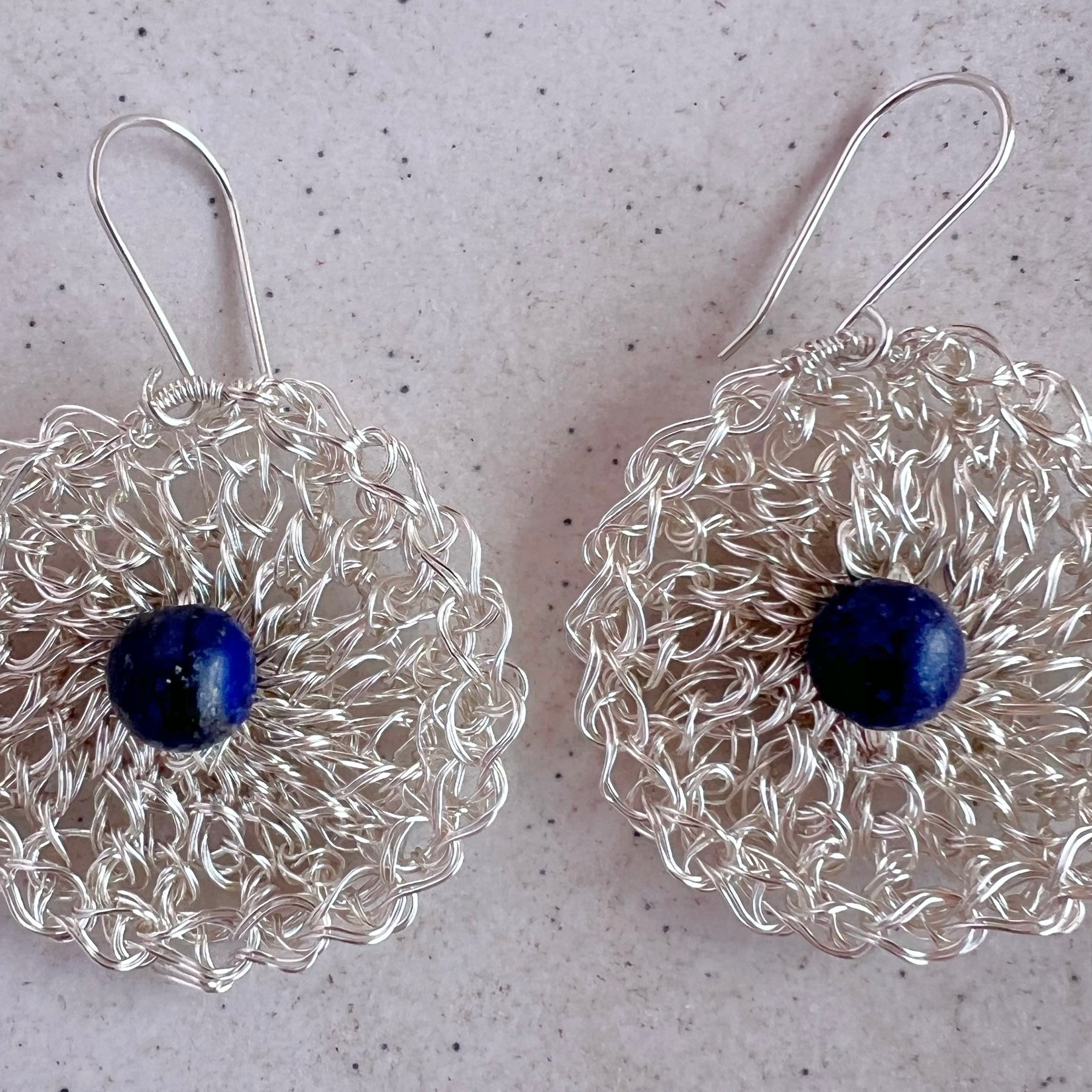 Silver wire crochet earring with Lapis lazuli and argentium hooks