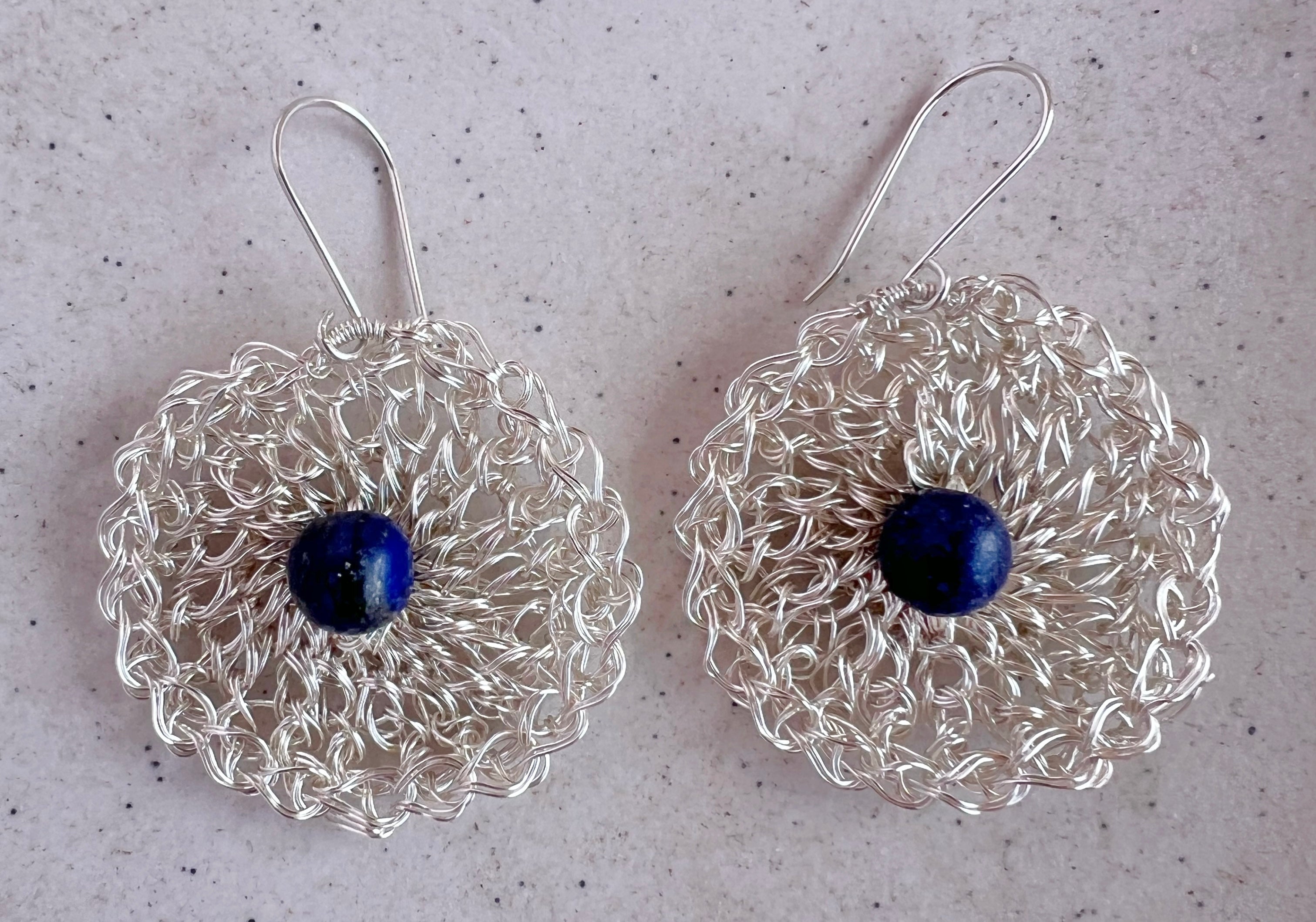 Silver wire crochet earring with Lapis lazuli and argentium hooks