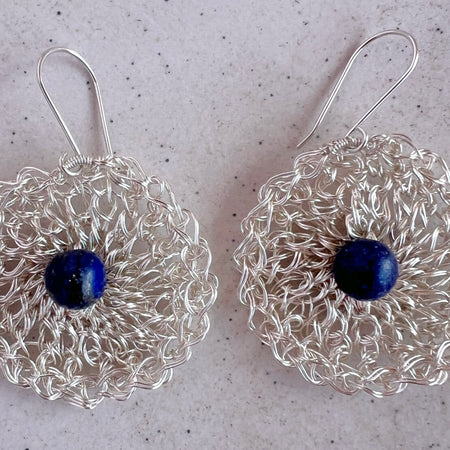 Silver wire crochet earring with Lapis lazuli and argentium hooks