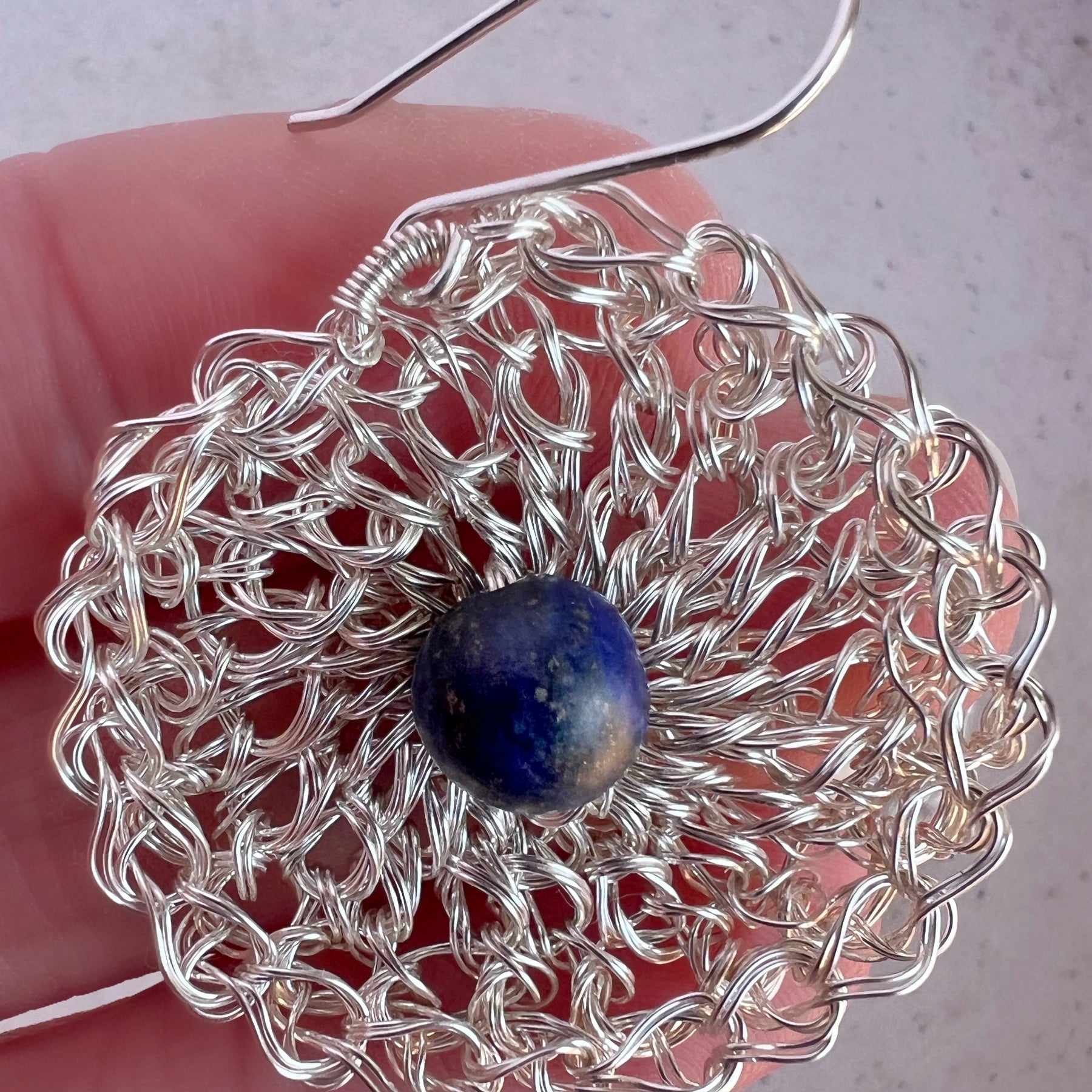 Silver wire crochet earring with Lapis lazuli and argentium hooks