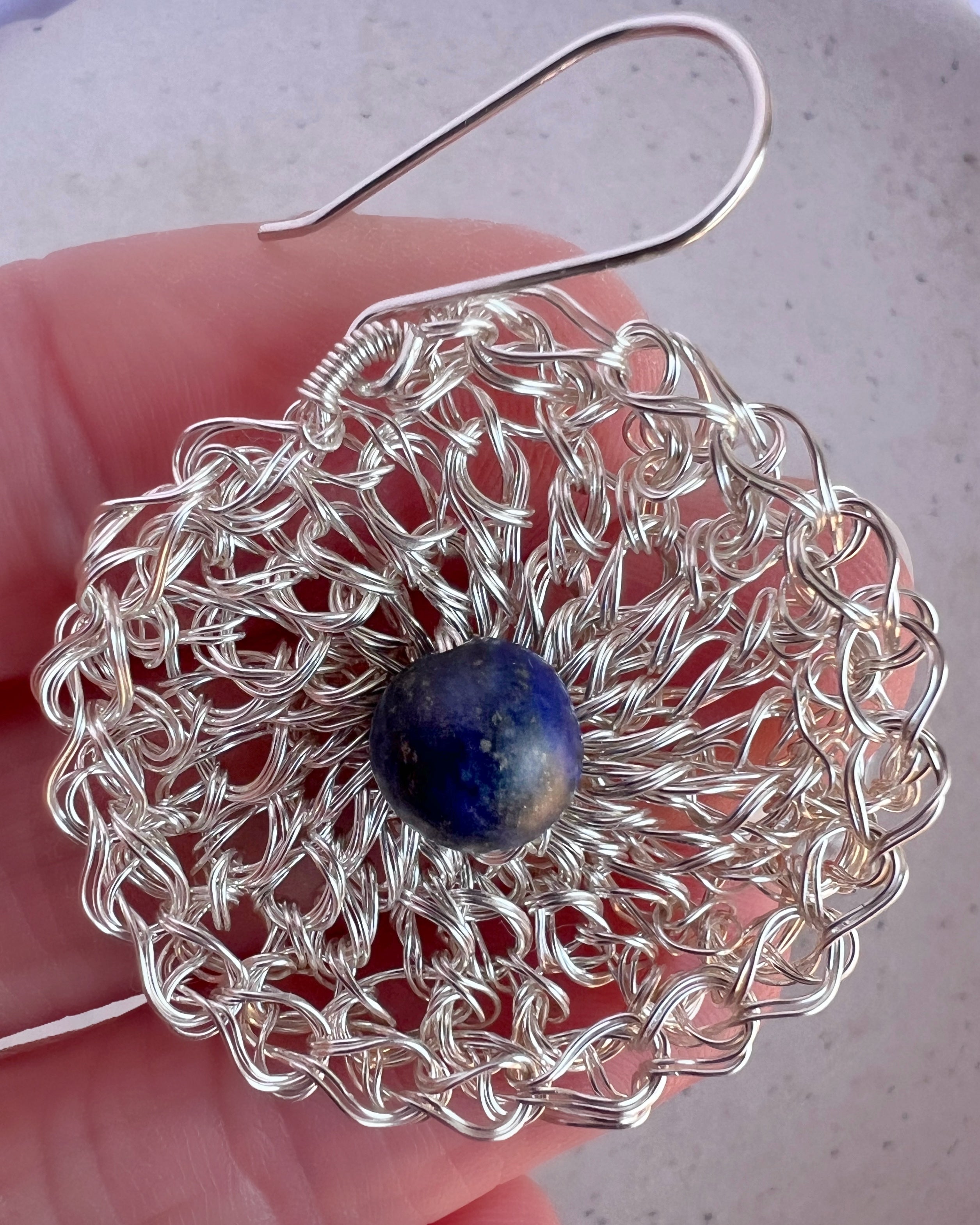 Silver wire crochet earring with Lapis lazuli and argentium hooks