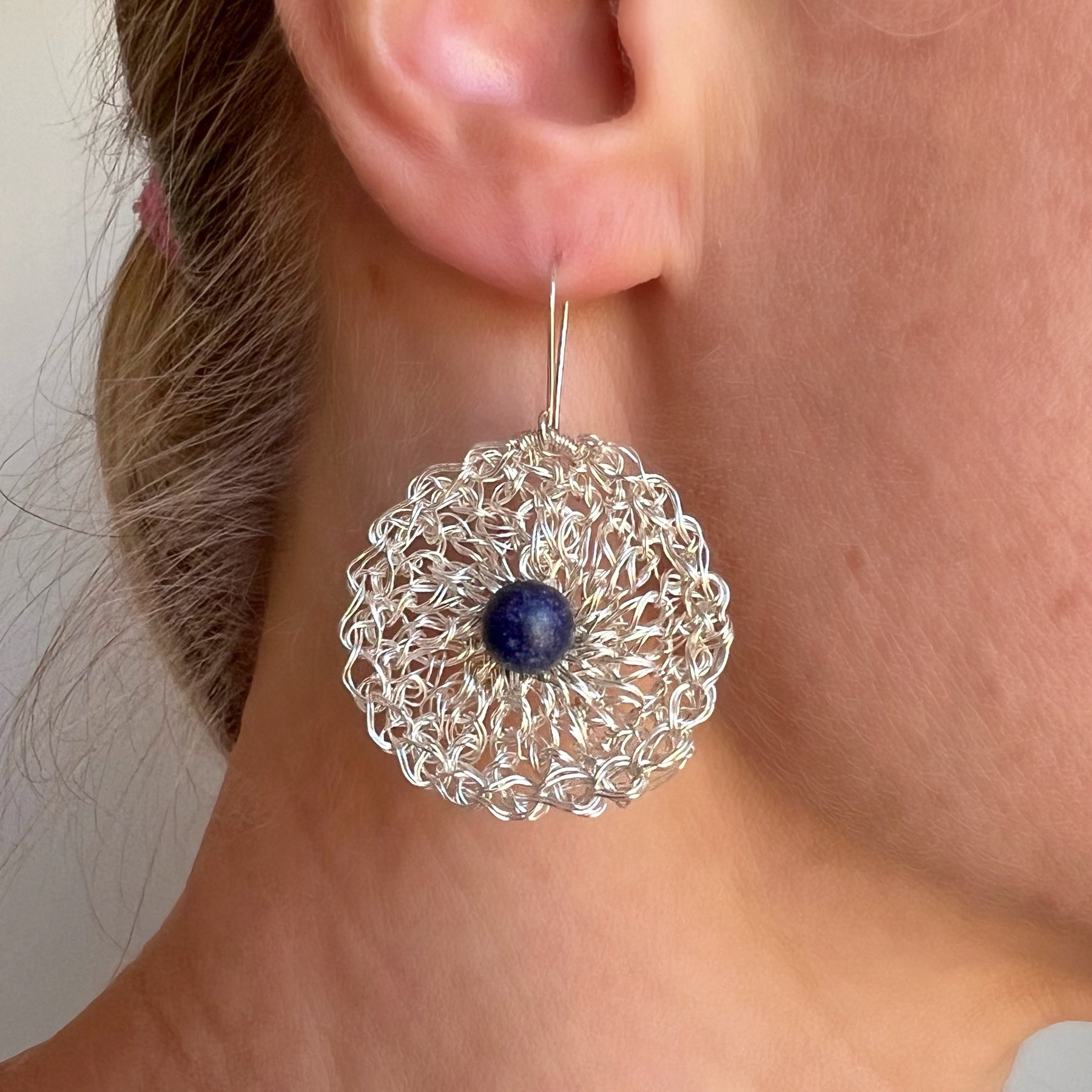 Silver wire crochet earring with Lapis lazuli and argentium hooks