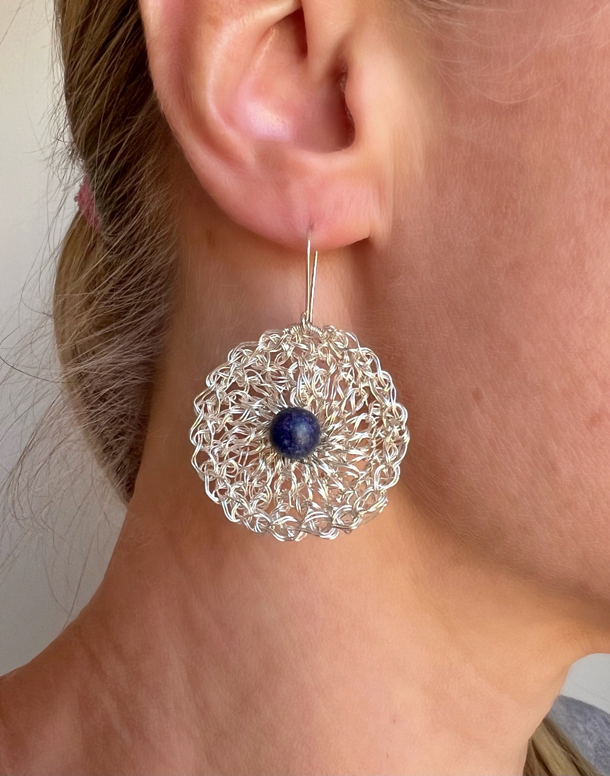 Silver wire crochet earring with Lapis lazuli and argentium hooks