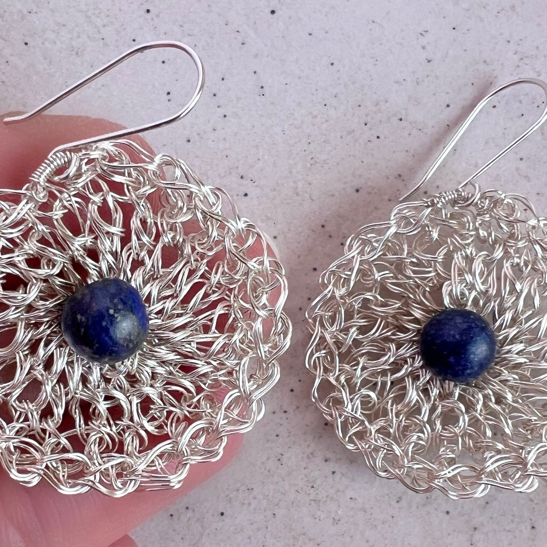 Silver wire crochet earring with Lapis lazuli and argentium hooks