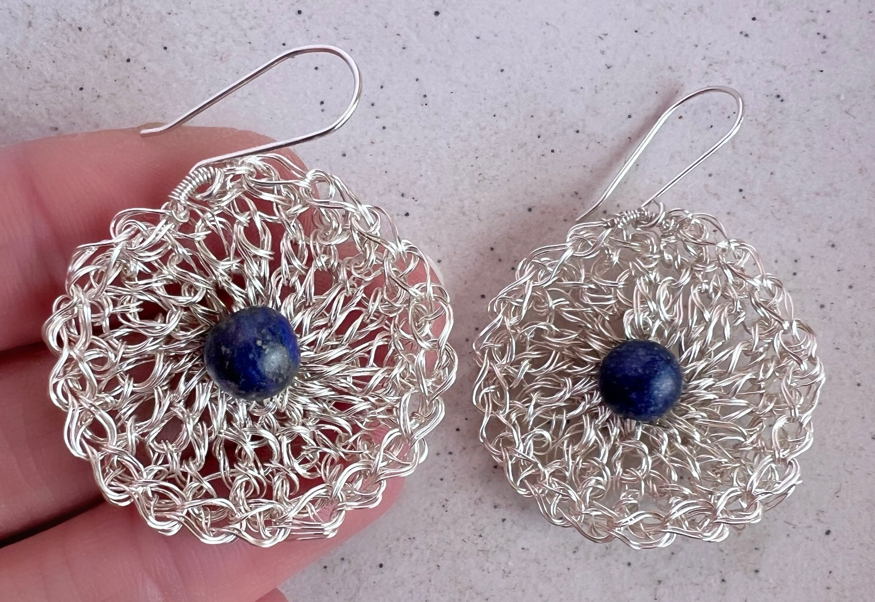 Silver wire crochet earring with Lapis lazuli and argentium hooks