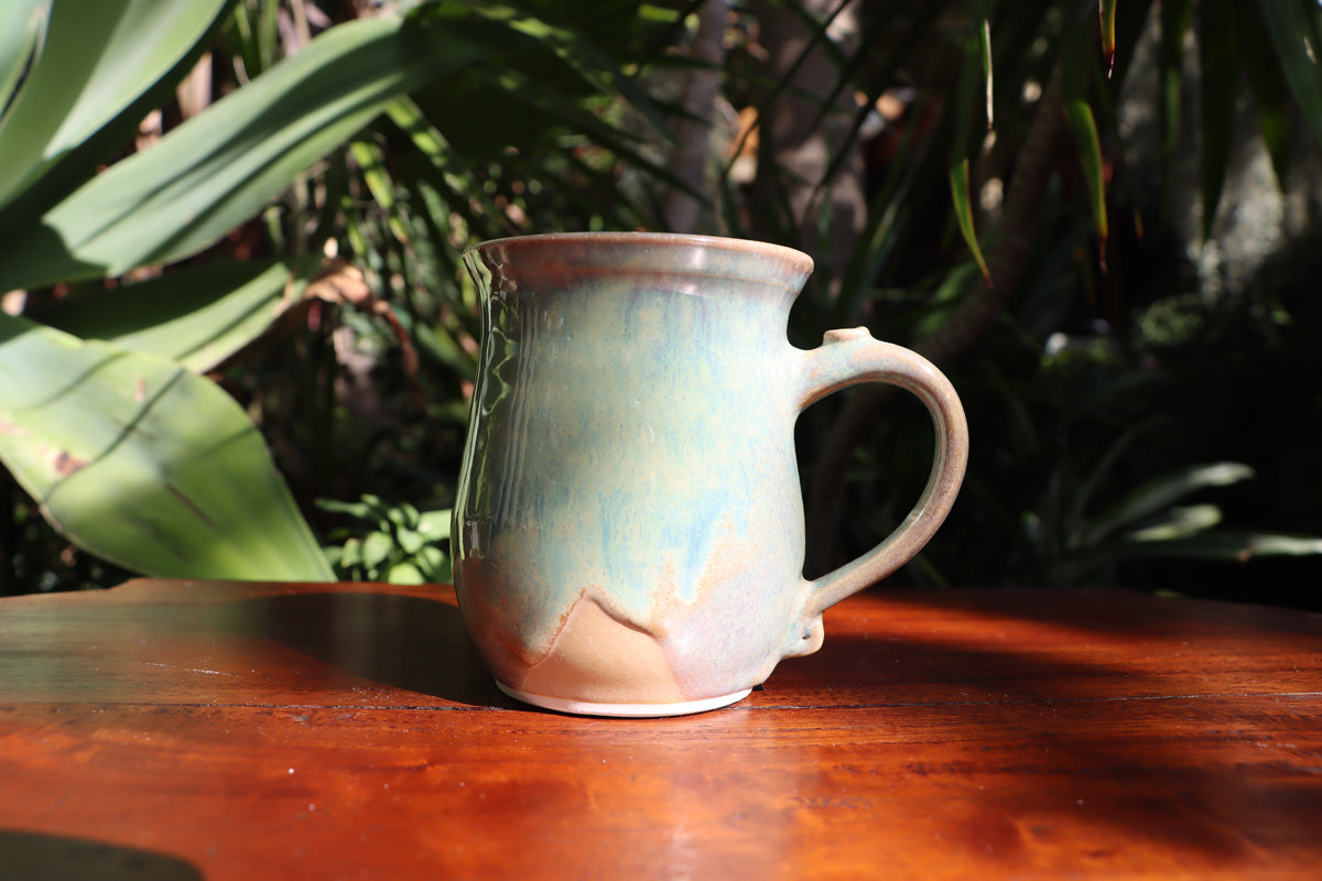 Large stoneware coffee mugs in misty green over cream glaze, hand made tea mugs