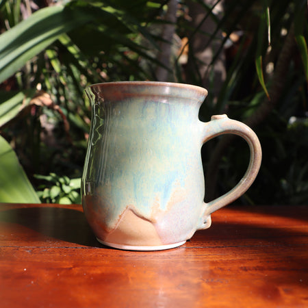 Large stoneware coffee mugs in misty green over cream glaze, hand made tea mugs