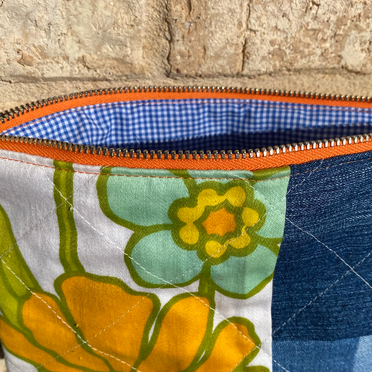 Handmade Pouch Cosmetic Bag Upcycled Vintage Retro - Orange Marigold