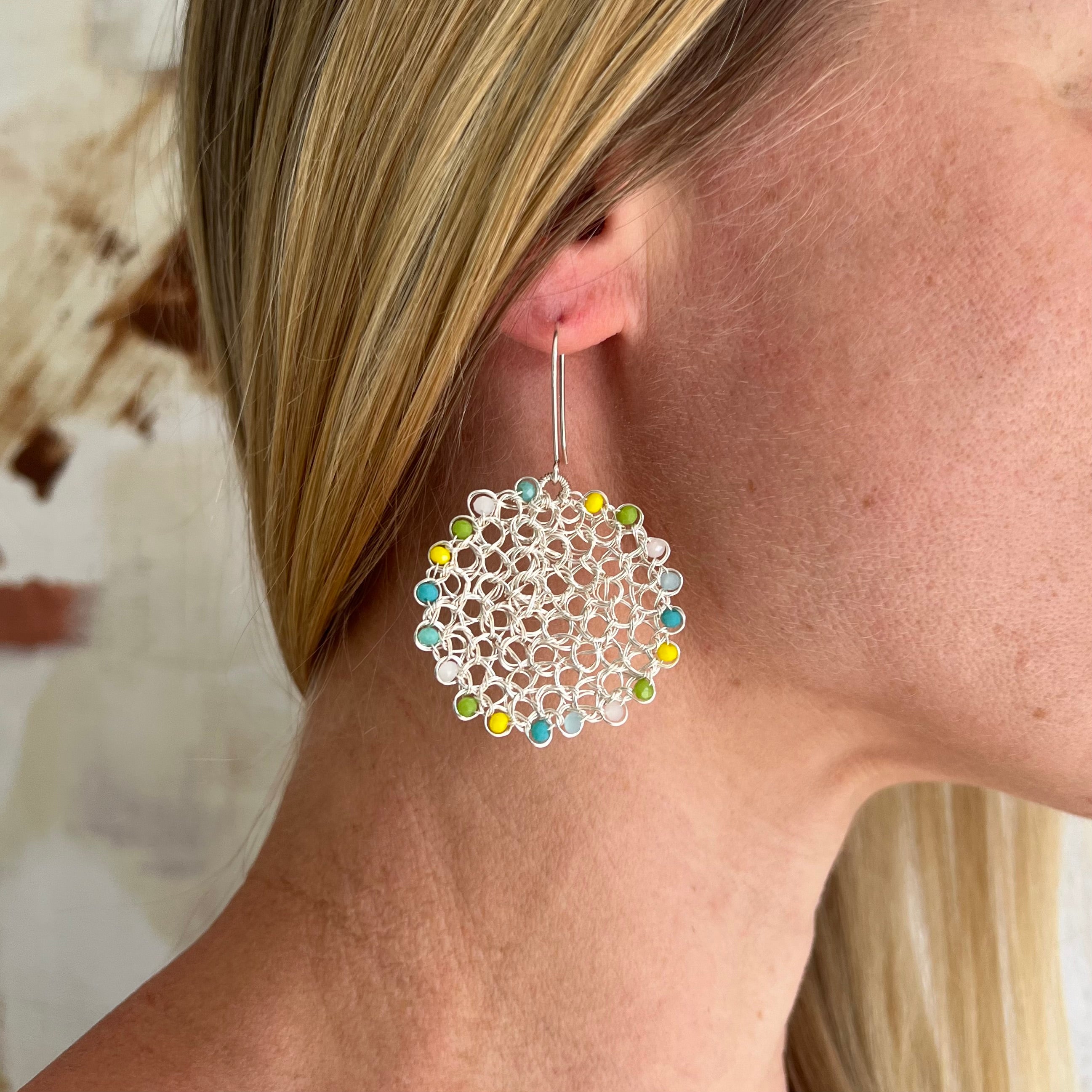 Silver wire earrings, yellow crystals, sterling silver hooks