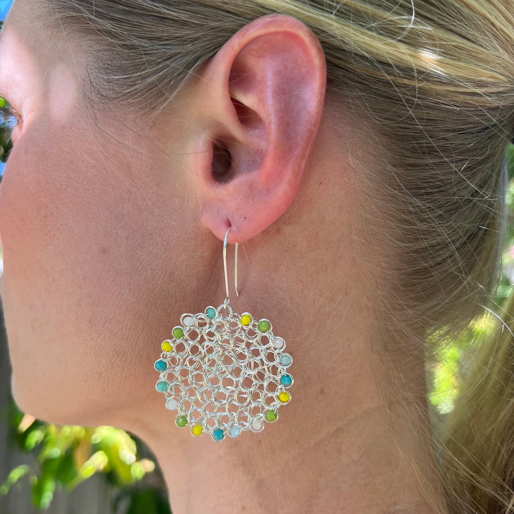 Silver wire earrings, yellow crystals, sterling silver hooks