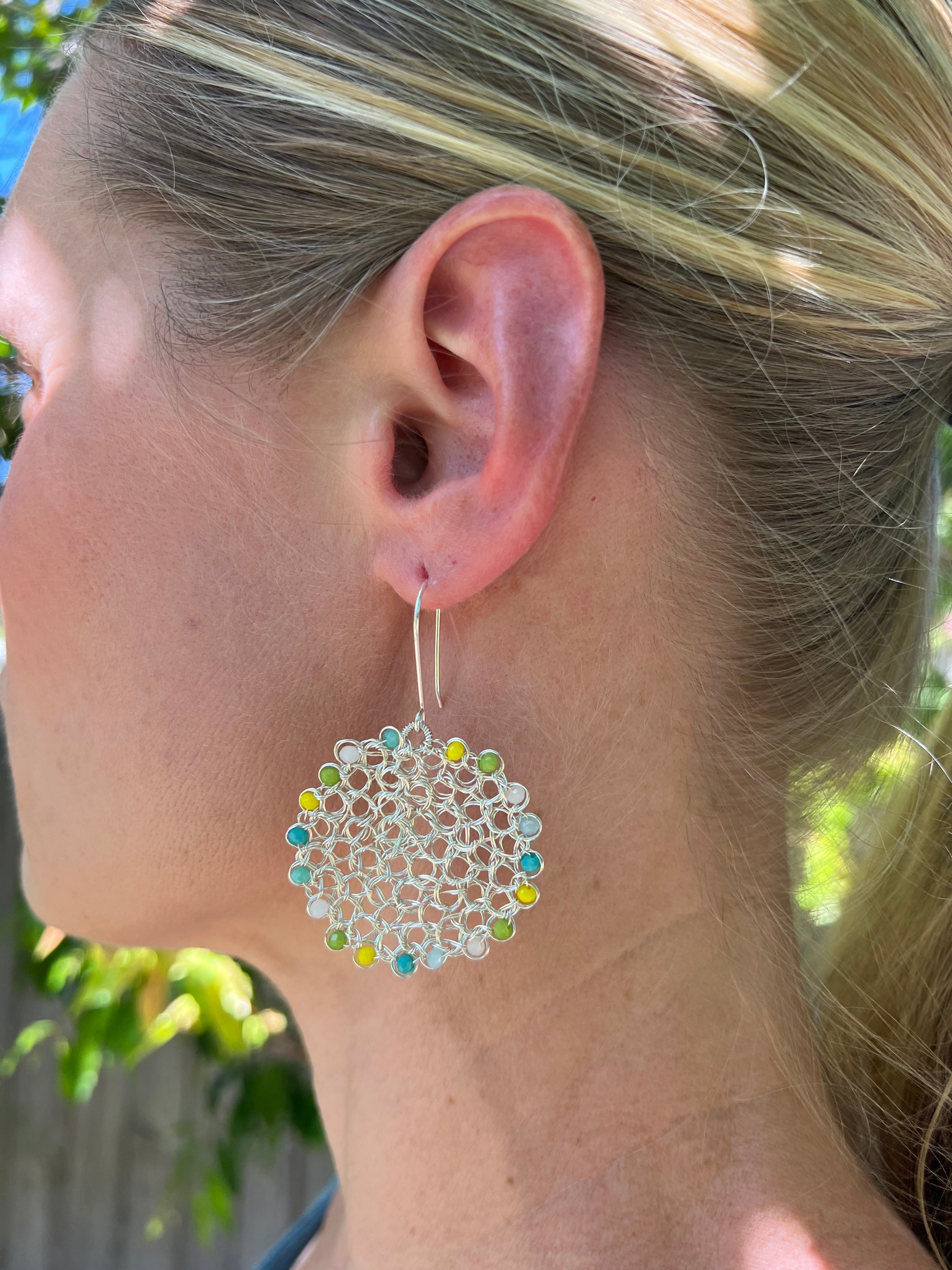 Silver wire earrings, yellow crystals, sterling silver hooks