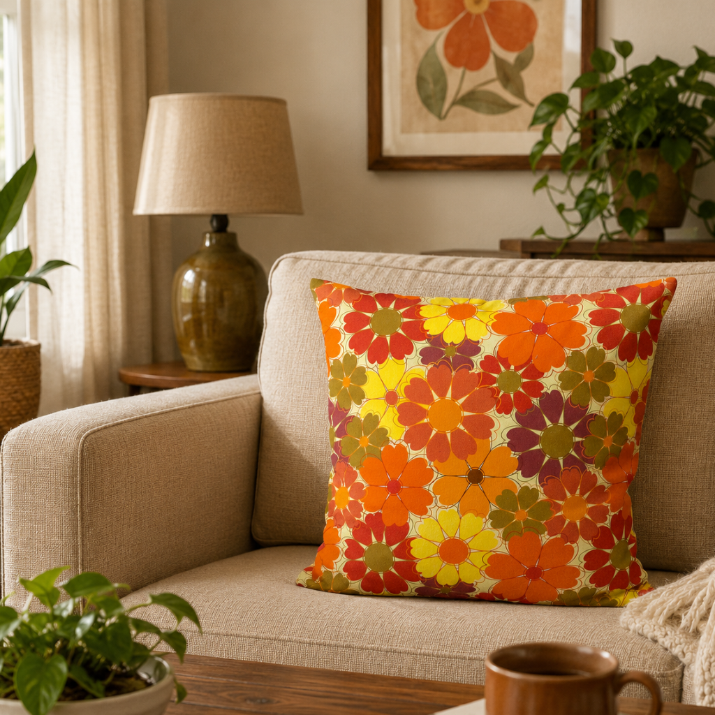 Retro Floral Cushion Covers – Mid-century 70s vibe-Orange