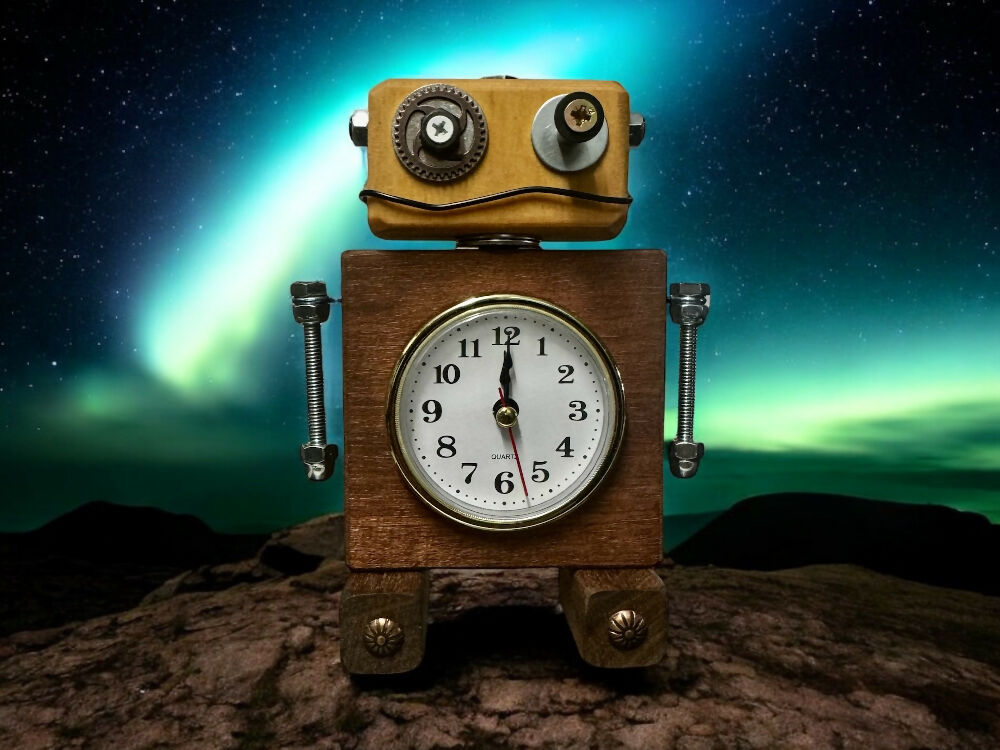 Robot Invention Clock Timothy - Wooden Steampunk Robot Clock