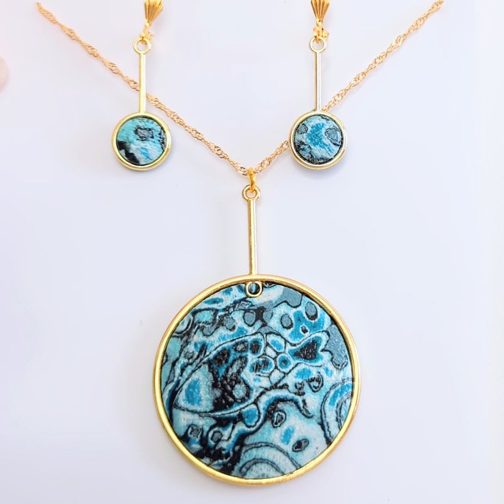 Aqua and Black Pendant and Earring Set