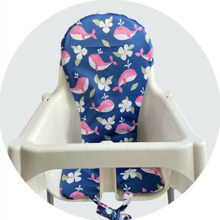 High Chair Cushion - Pink Whales on Blue Background
