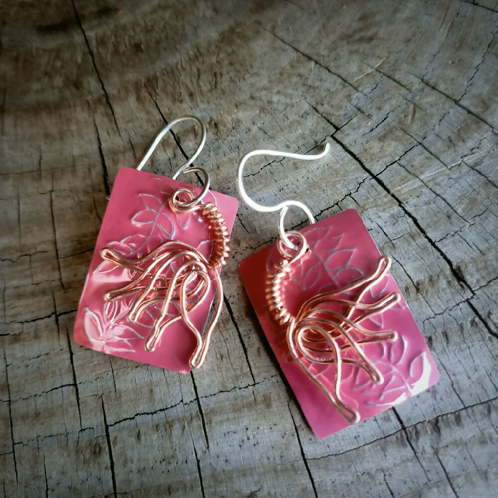 pink upcycled drink can dangle earrings with copper flower