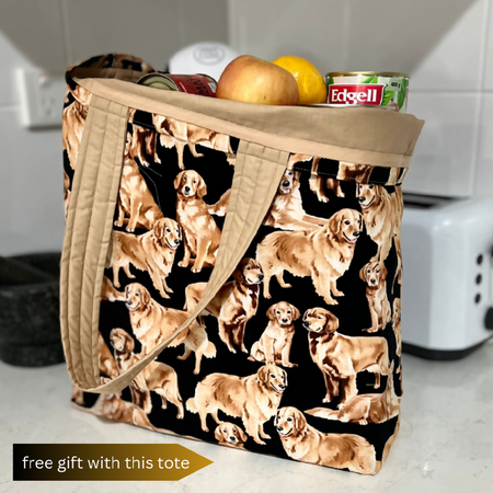 Grocery Tote ... Lined with storage pouch… Golden Retriever