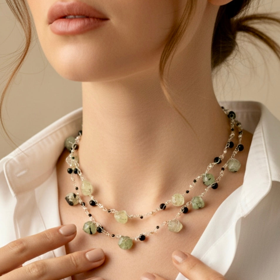 Prehnite & Onyx Crochet Necklace “Dream”
