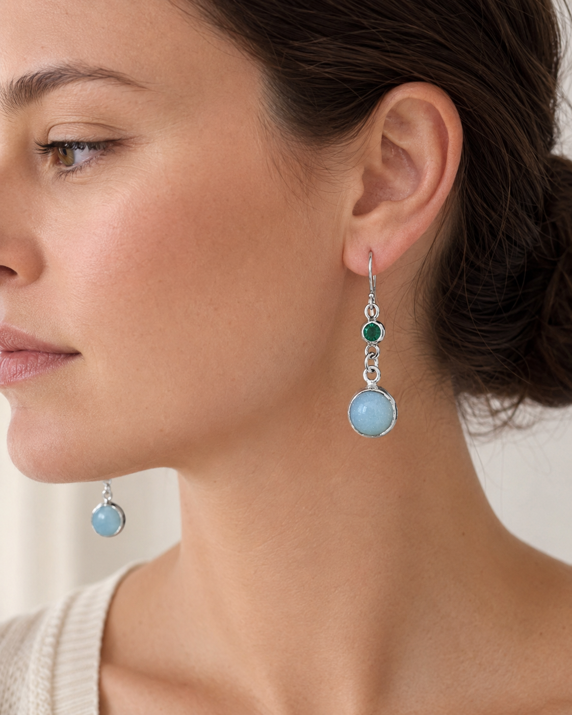 Sterling silver earrings featuring lab-created emeralds and amazonite