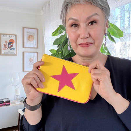 Leather makeup pouch / pencil case ‘Pink star’