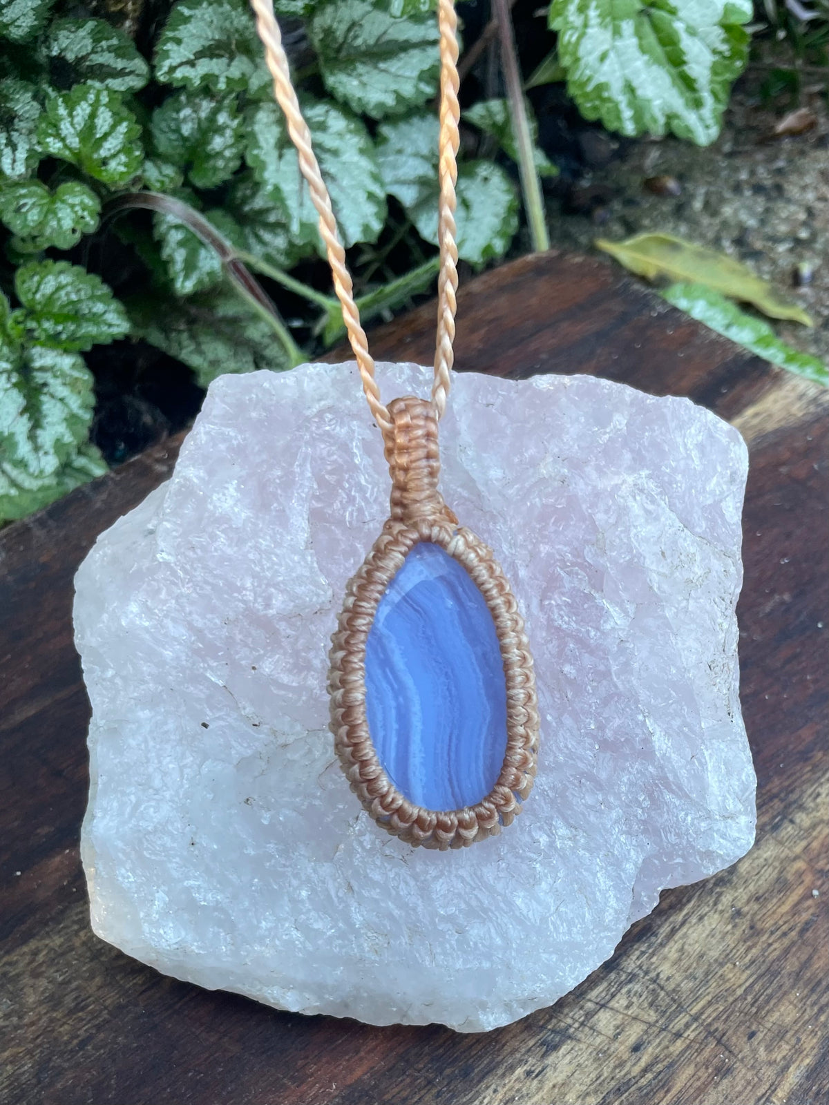 Blue Lace Agate Pendant, boho macrame necklace, adjustable