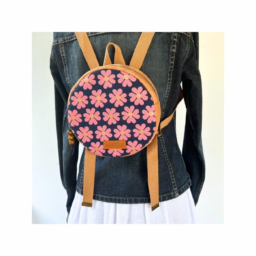 Mini Circle Backpack - Navy with Pink Flowers