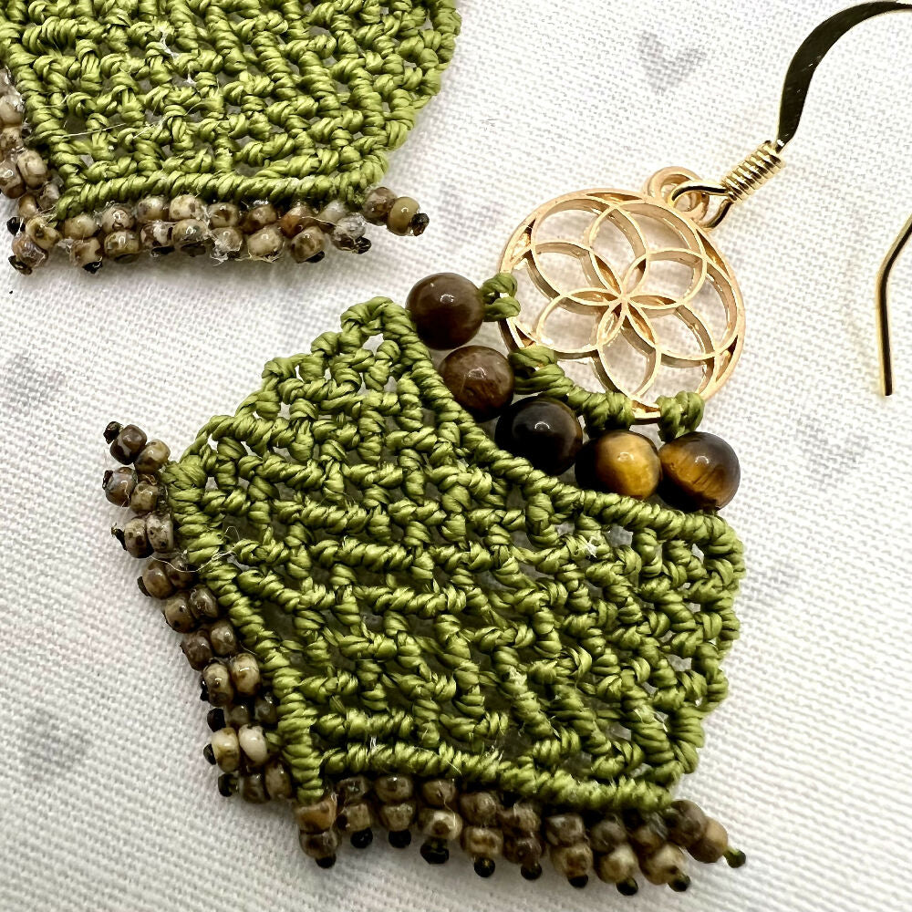 Green Lace Micro Macrame Earrings - Tiger eyes +Free microfibre pouch