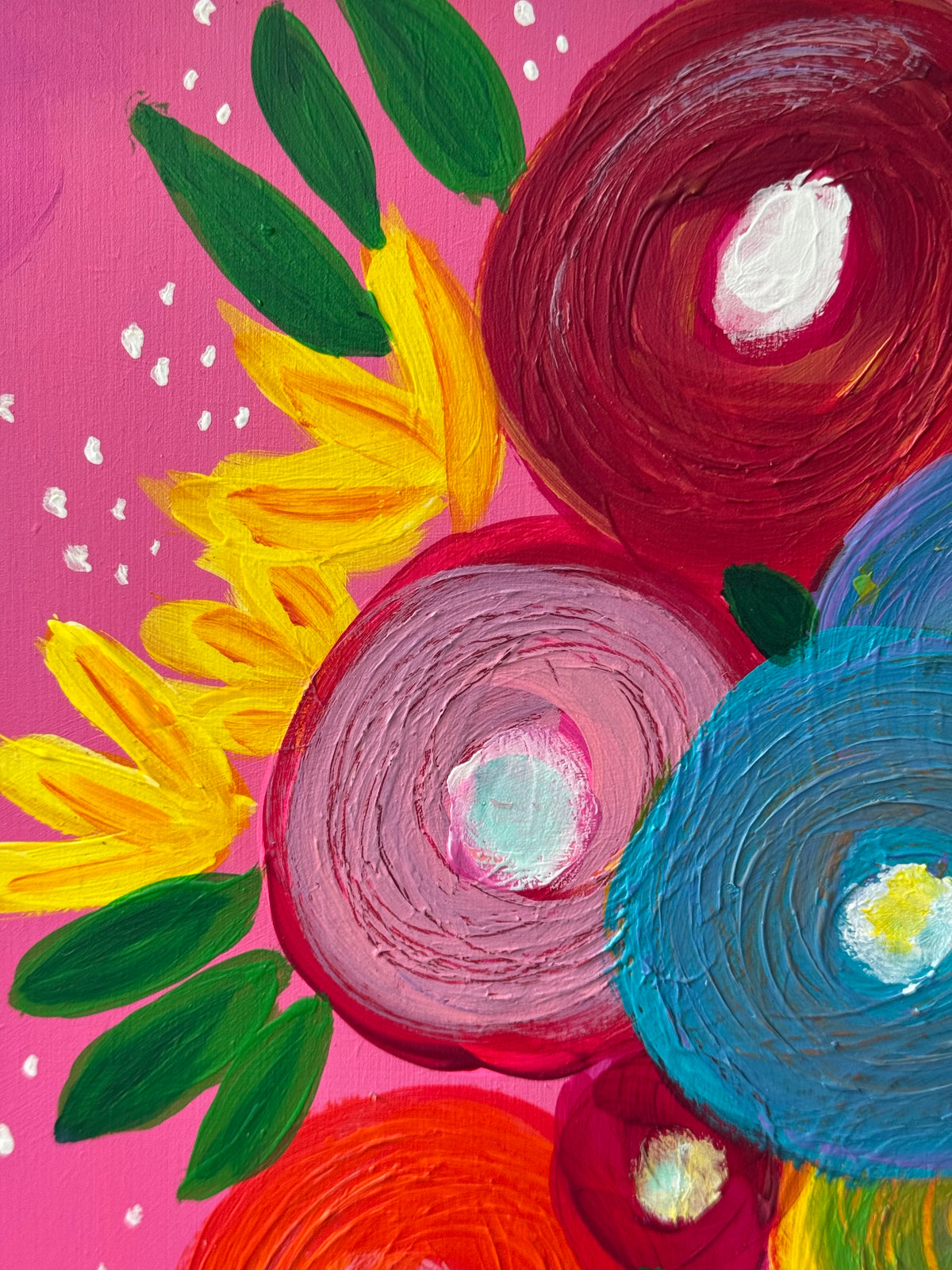 In Full Bloom – Original Colourful Floral Acrylic Painting in Upcycled Gold Frame