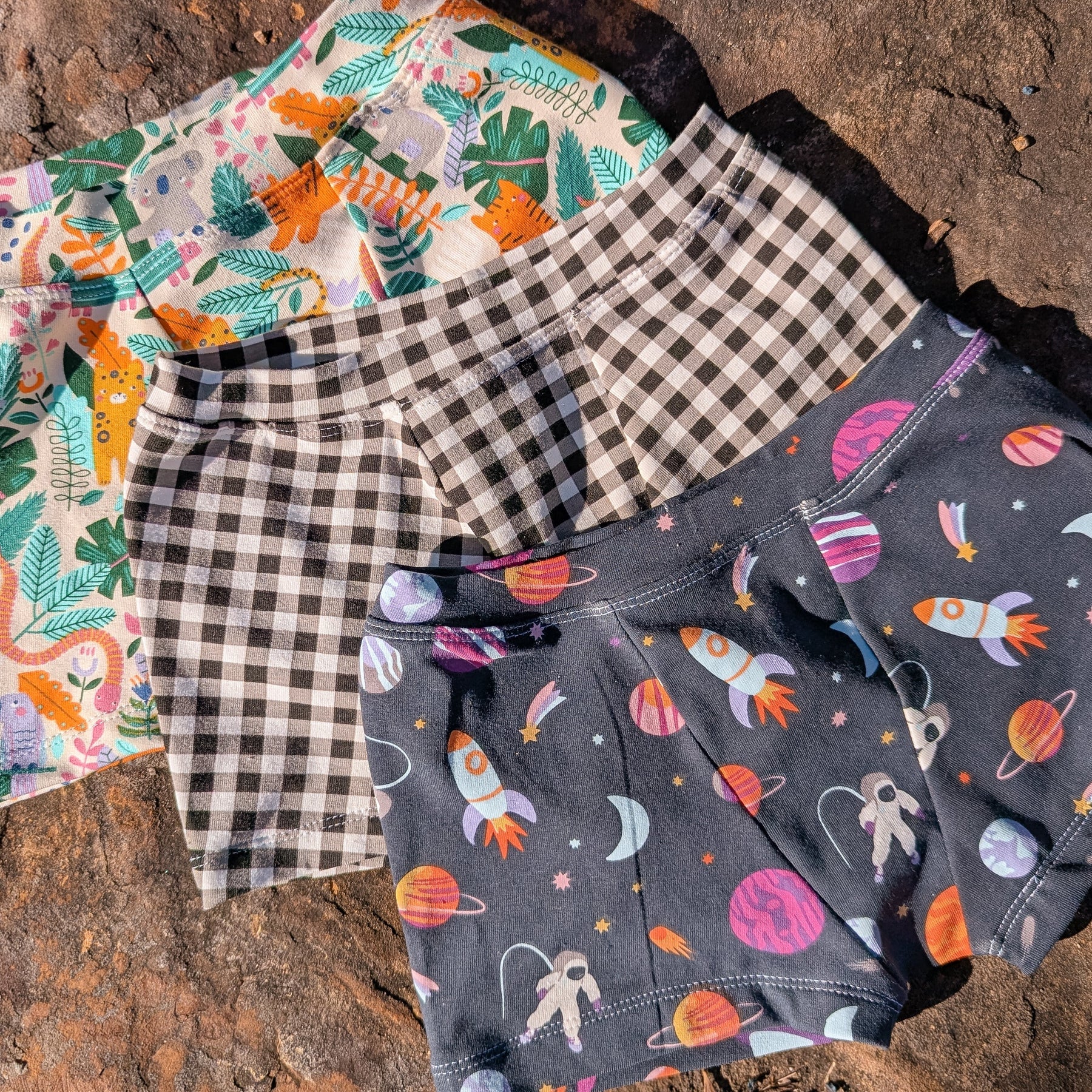 Black gingham checked organic trunk underpants for kids sizes 1 to 12 boys