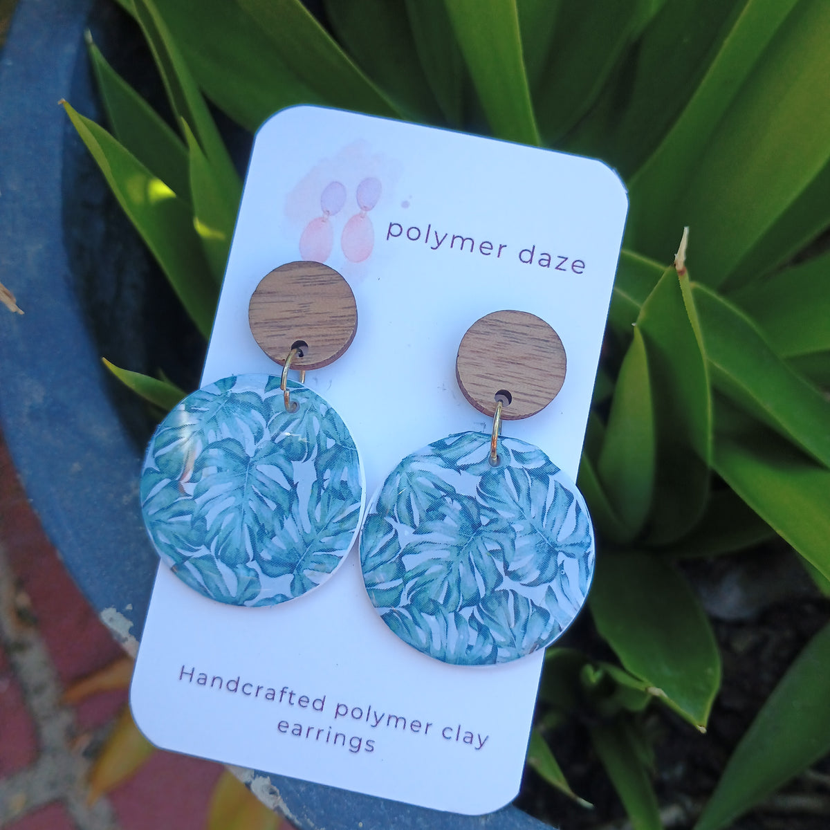 Monstera earrings with natural wood stud