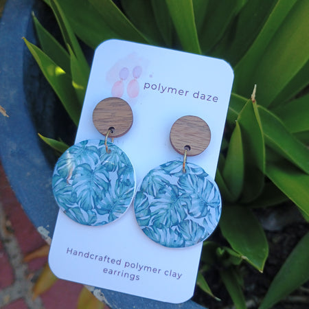 Monstera earrings with natural wood stud