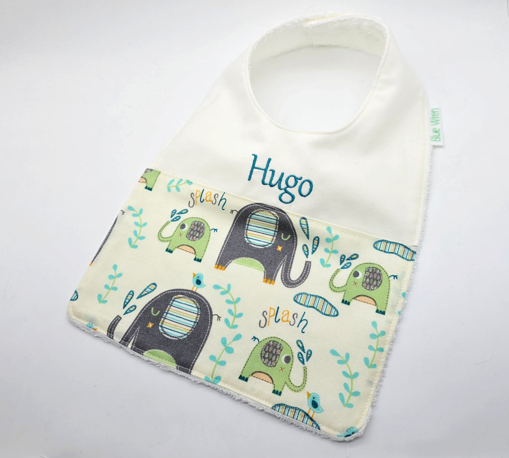 Personalised Baby Bib Elephant Splash Cotton Fabric
