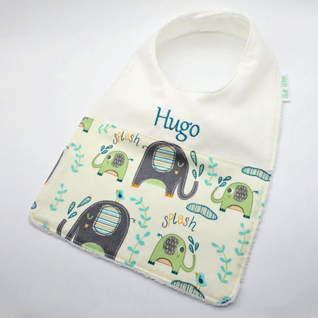Personalised Baby Bib Elephant Splash Cotton Fabric