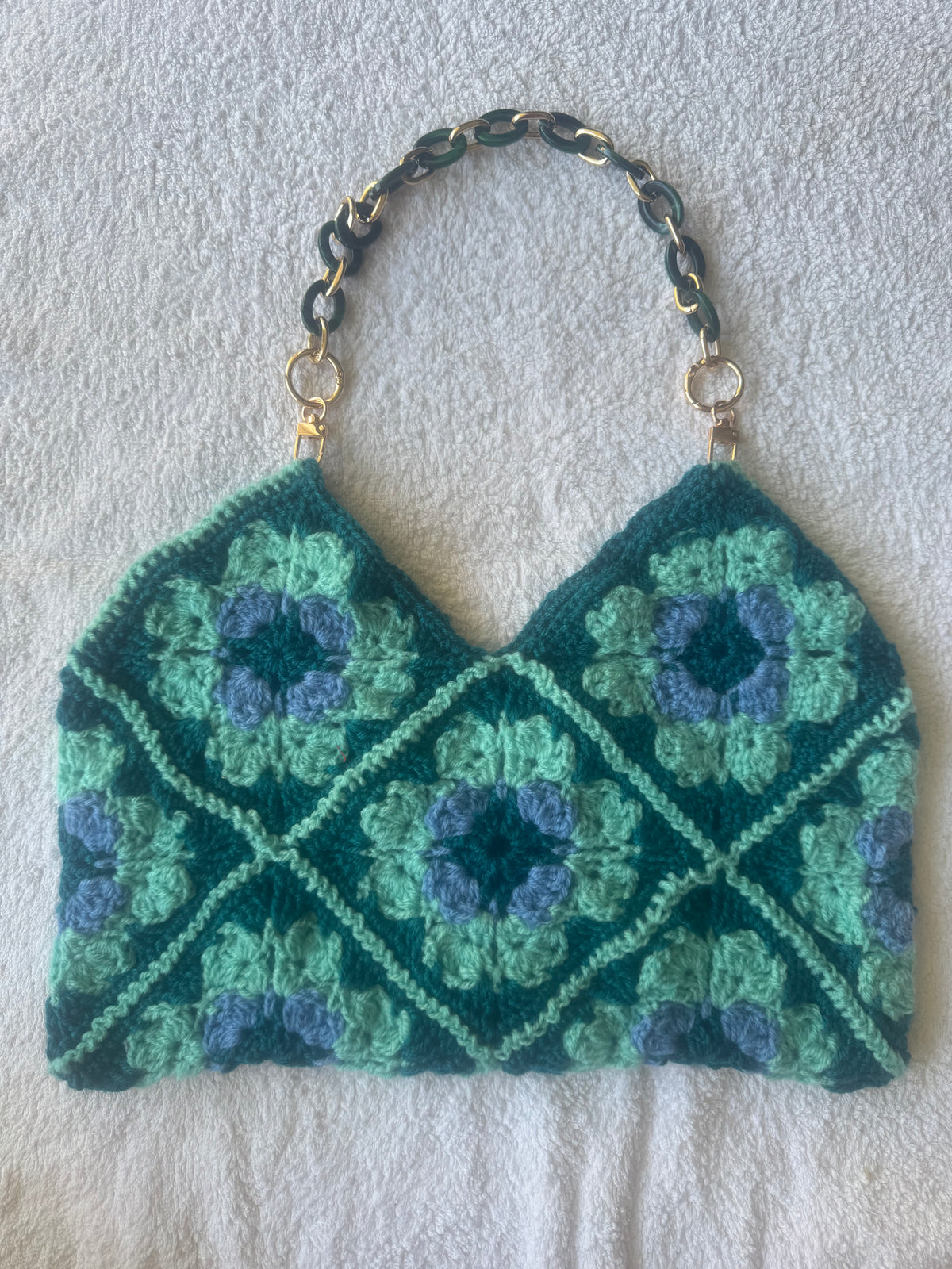 Green Granny Square Shoulder Bag with Acrylic Chain Strap