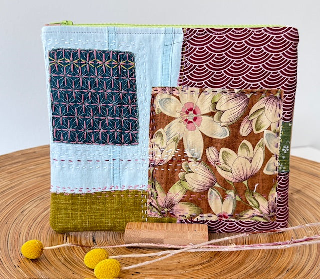 Zipper Pouch - Textile Collage  - Green Sashiko