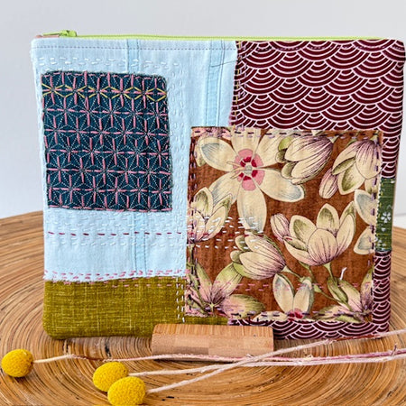 Zipper Pouch - Textile Collage  - Green Sashiko