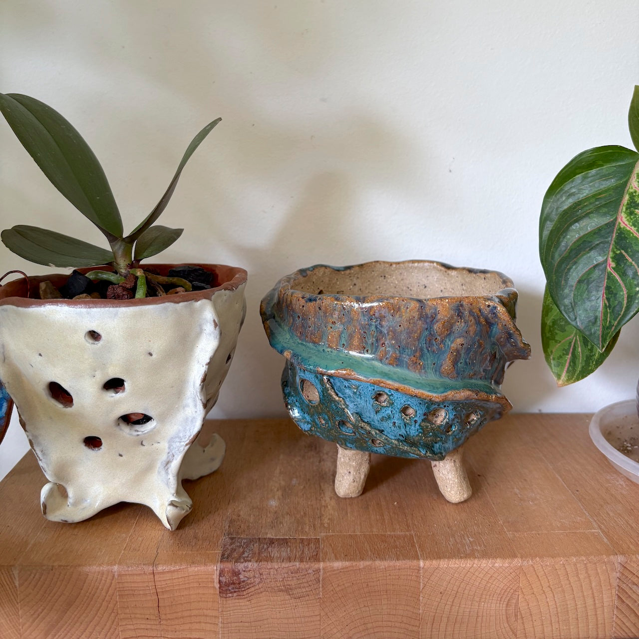 Ceramic orchid pot with ridges