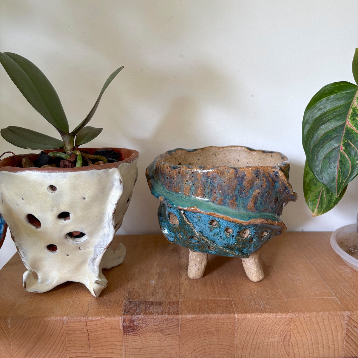 Ceramic orchid pot with ridges