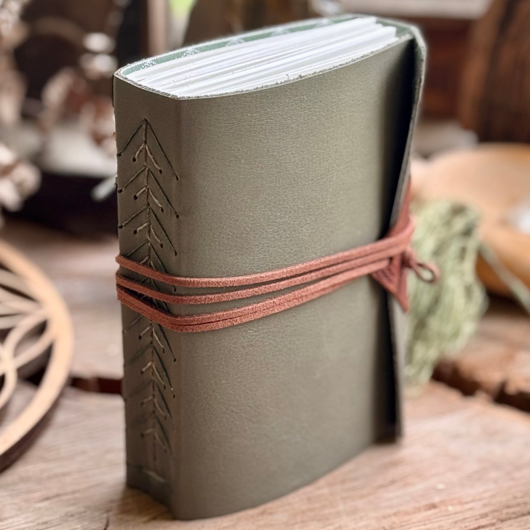 Olive Leather A6 Signature Journal with Pine Tree Spine