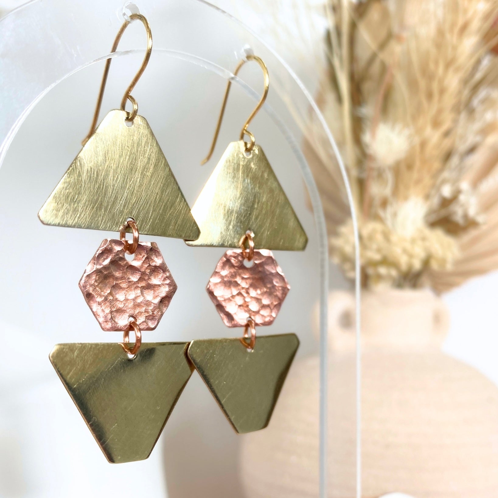 Geometric dangle earrings | Brass and copper | Statement earrings