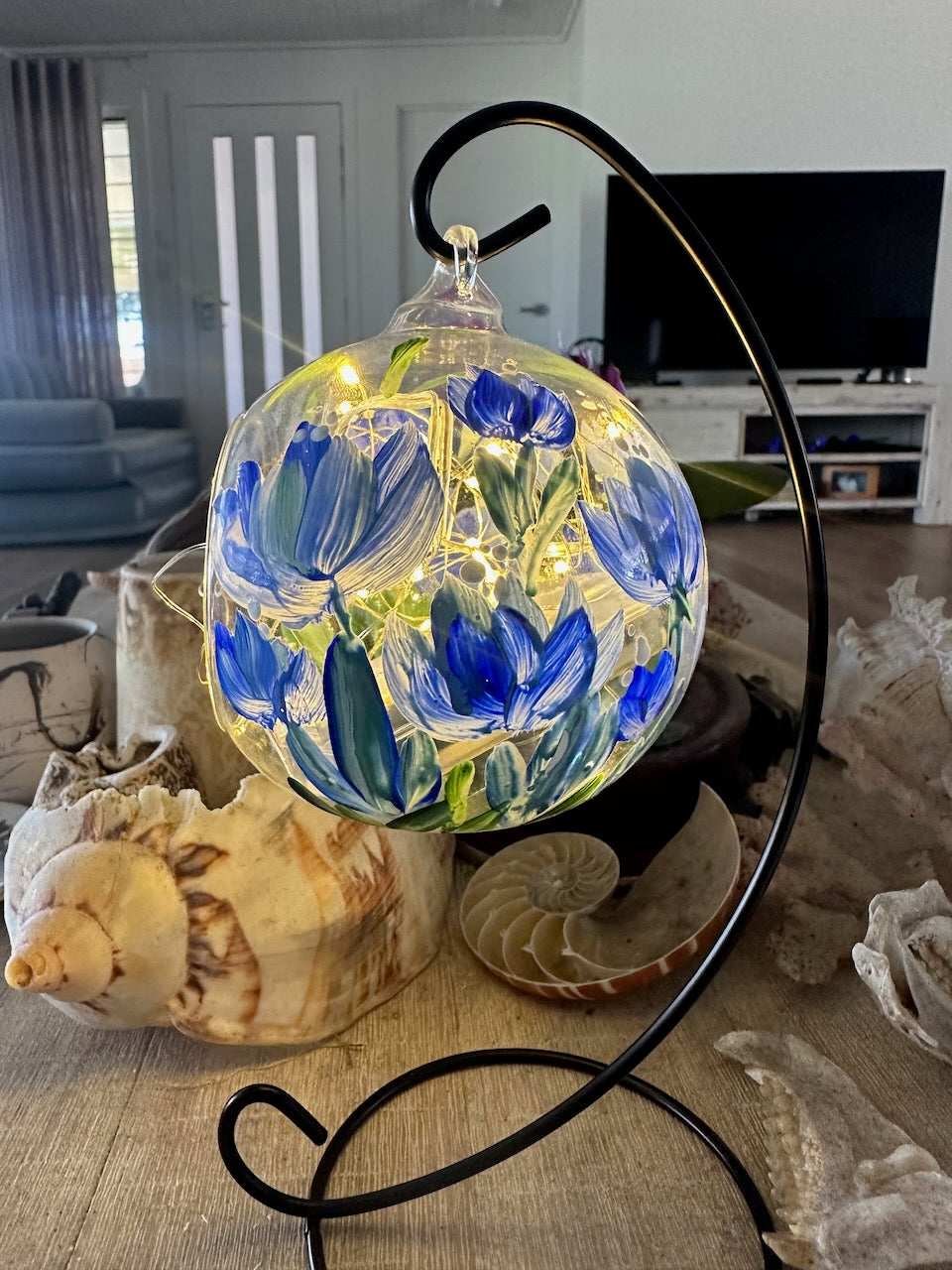 Glass Hanging Candle Holder Hand Painted With Blue Blooms