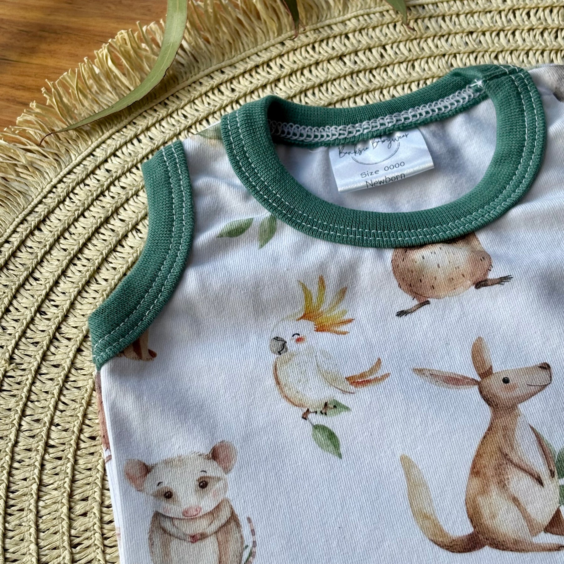 Baby Tank Bodysuit | Green Aussie Animals | Size premmie to 2 | Made to order