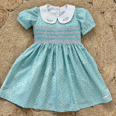 Girls' Aqua and Pink Floral Dress with Hand Embroidered Collar