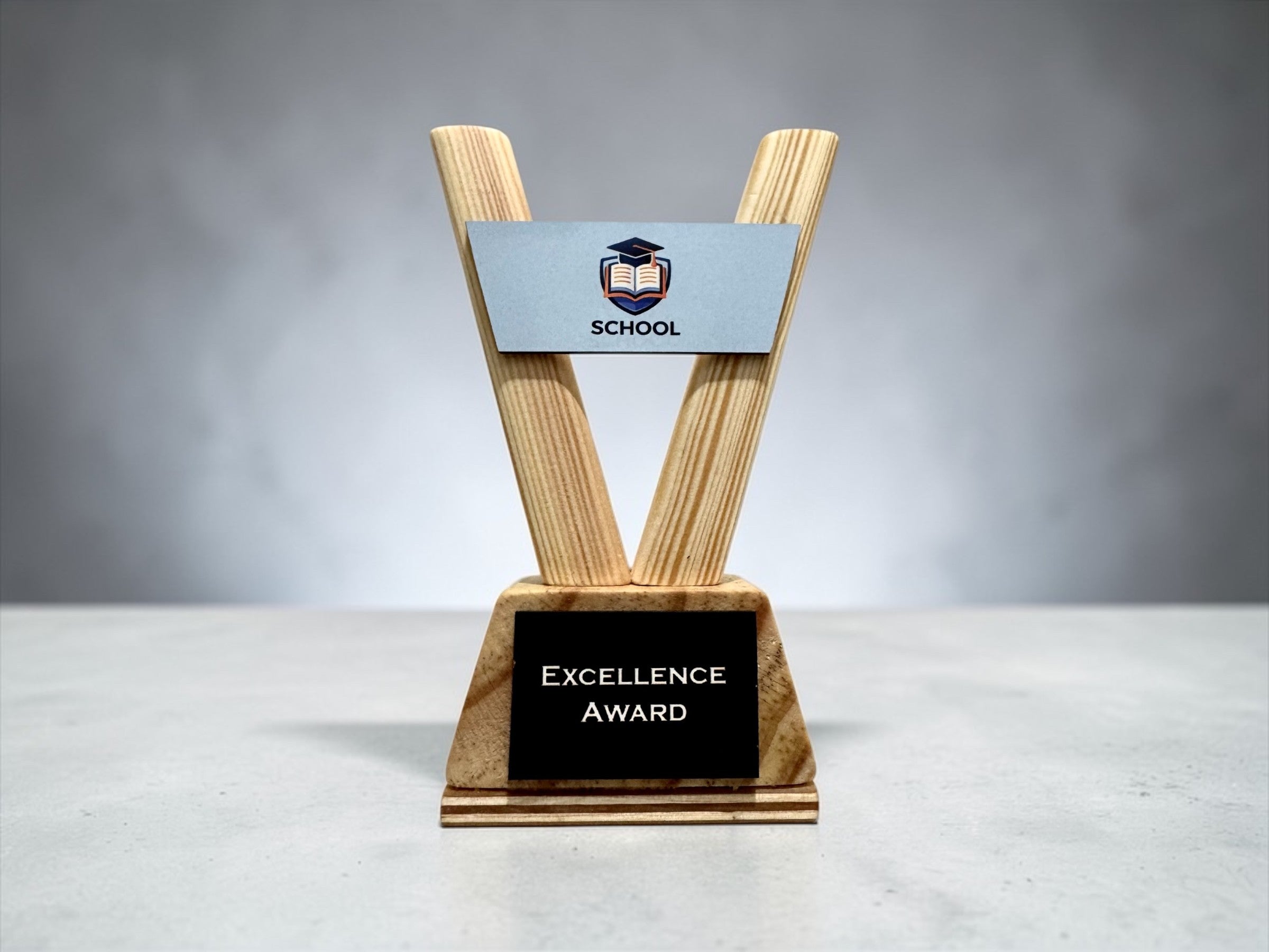 Custom Trophy – Personalised Wooden Award with Logo for School Corporate Sports Events