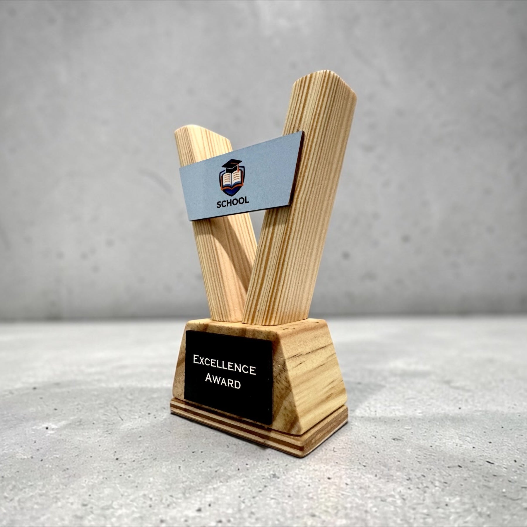 Custom Trophy – Personalised Wooden Award with Logo for School Corporate Sports Events