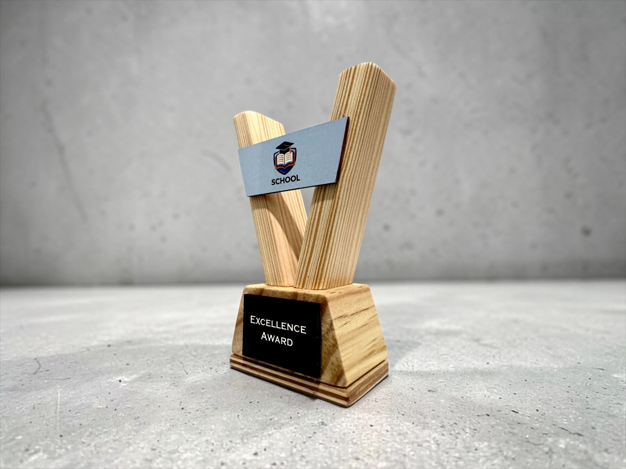 Custom Trophy – Personalised Wooden Award with Logo for School Corporate Sports Events